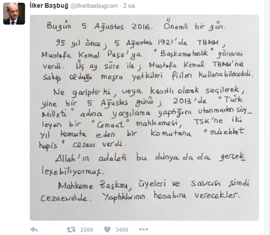 İlker Başbuğ 5 Ağustos Twiti