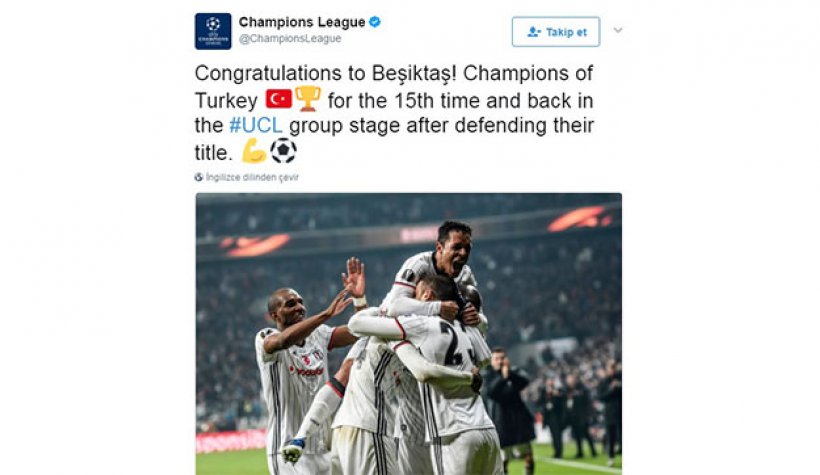Şampiyonlar Ligi'nden Beşiktaş'a hoşgeldin ve 'tebrik' paylaşımı