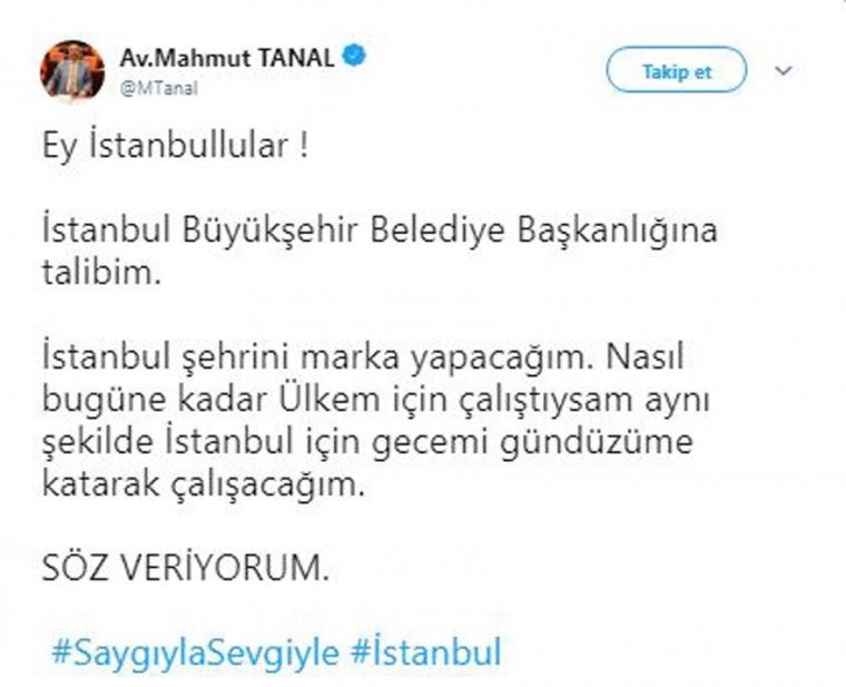 CHP Milletvekili Mahmut Tanal: İstanbul Büyükşehir Belediye Başkanlığına talibim.