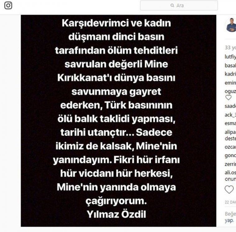 Mine Kırıkkanat'a Özdil desteği: Yalnız Değilsin, Azınlık gürültü yapıyor..