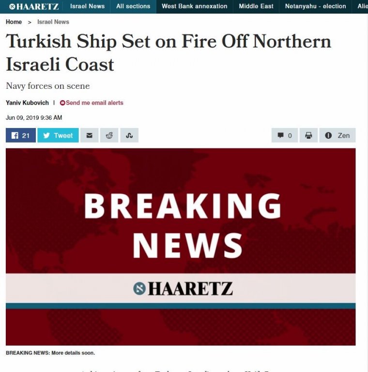 Türkiye’den çıkan gemi, İsrail'de yanıyor. Habere Yayın Yasağı