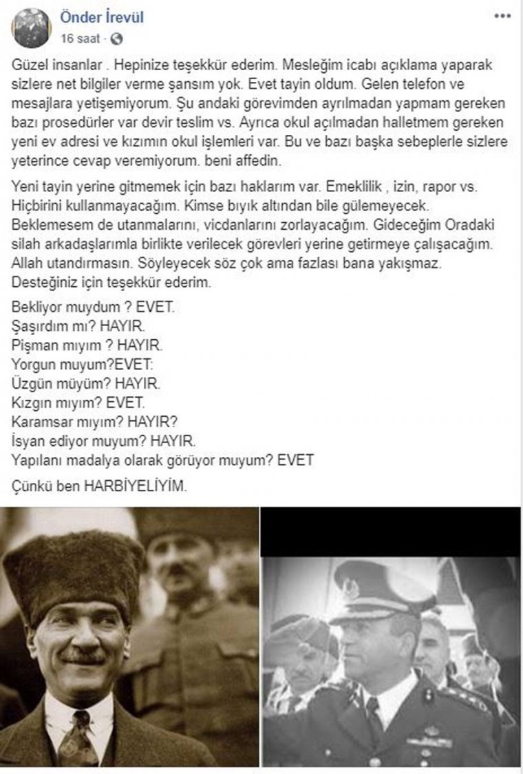 Musfafa Kemal'in askeri Harbiyeli Albay Önder İrevül sürgün edildi