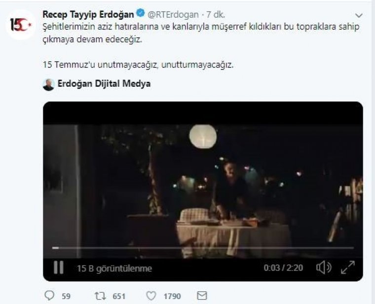 Cumhurbaşkanı Erdoğan’dan videolu ’15 Temmuz’ paylaşımı