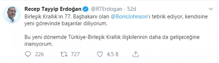Cumhurbaşkanı Erdoğan'dan Boris Johnson'a tebrik mesajı