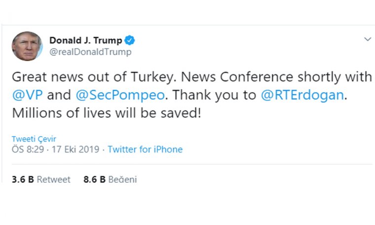 Trump: Teşekkürler Erdoğan, Türkiye’den çok iyi haberler geliyor