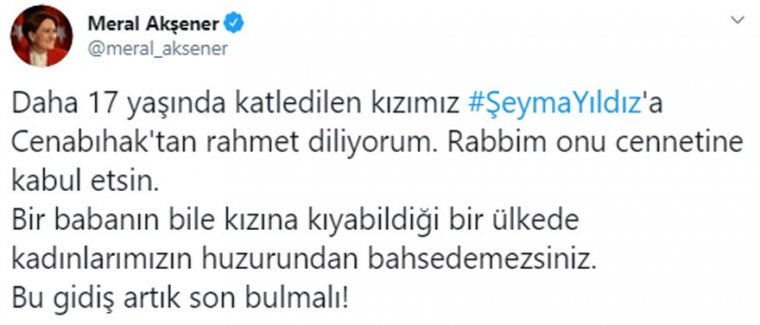 Akşener’den Şeyma Yıldız mesajı: Bu gidiş artık son bulmalı