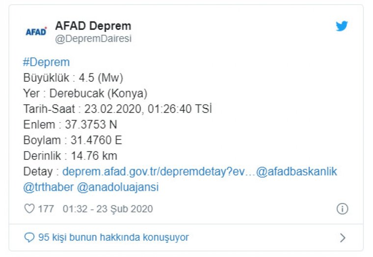 Konya'da 4.5 şiddetinde deprem