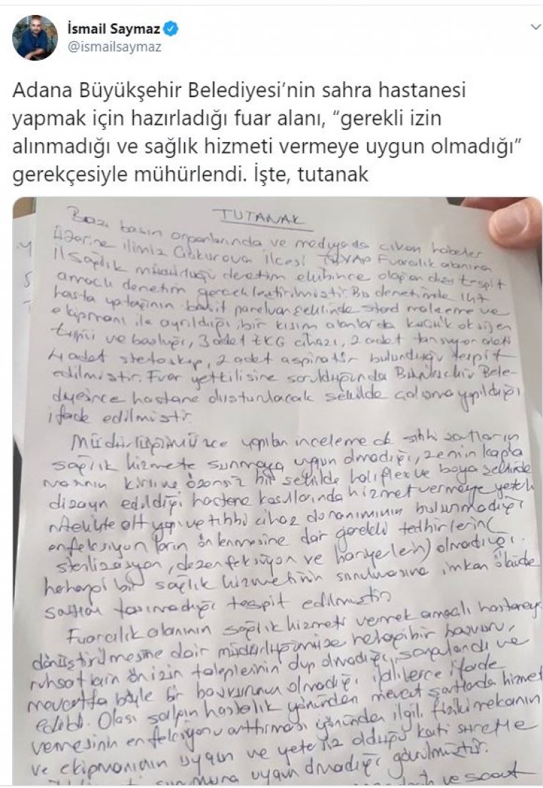 Adana Sahra Hastanesi Mühürlendi iddiası