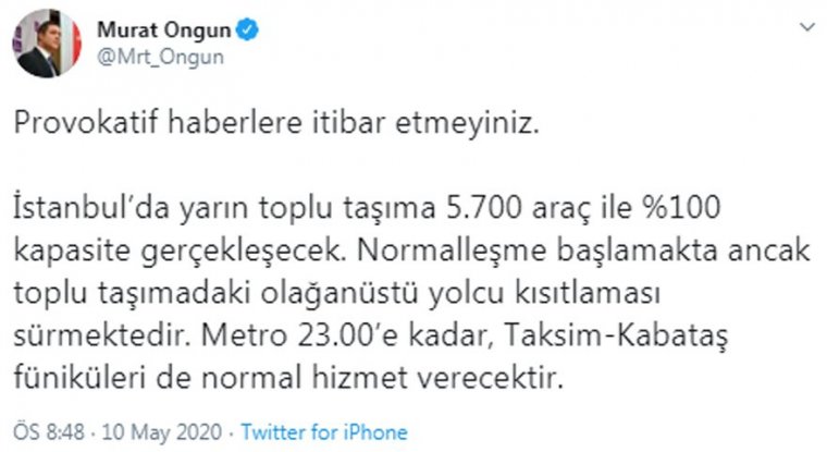 İBB: Provokatif haberlere itibar etmeyiniz: Yarın kapasite yüzde 100