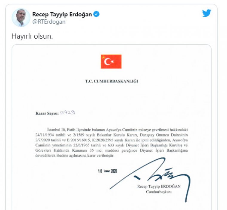 Erdoğan o kararı imzaladı: Ayasofya artık resmen bir cami