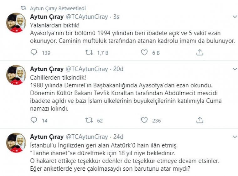 Çıray'dan AKP'ye Ayasofya tepkisi: Anketlerde yere çakılmasaydı