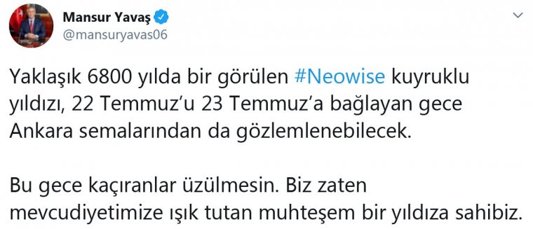 Mansur Yavaş'ın 'Neowise' paylaşımına beğeni yağdı