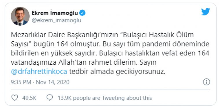 İmamoğlu: İstanbul’da 'bulaşıcı hastalık'tan ölen sayısı bugün 164