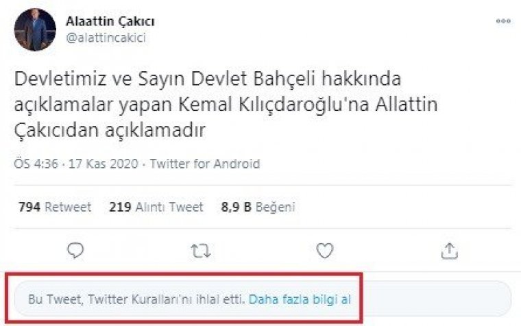 Twitter, Çakıcı’nın CHP'lideri Kılıçdaroğlu’na tehdidini sildi