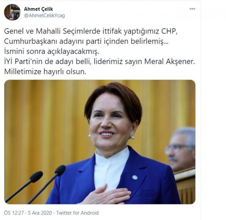 İYİ Partili Vekil, Partisinin Cumhurbaşkanı Adayını Açıkladı