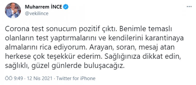 Muharrem İnce Corona Virüse yakalandı