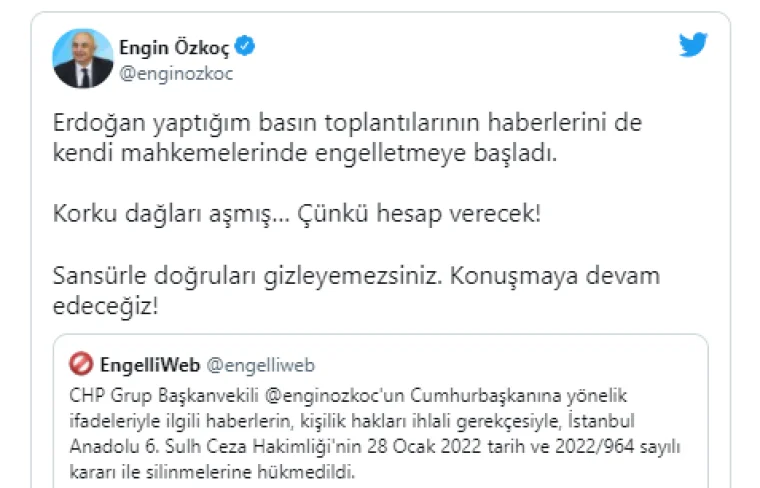 CHP'li Özkoç'un 'Erdoğan ve FETÖcü' sözlerine erişim engeli