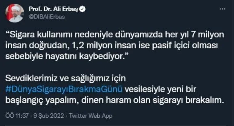 Diyanet İşleri Başkanı Ali Erbaş: Dinen haram olan sigarayı bırakalım