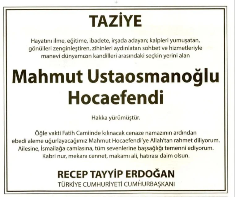 Erdoğan tarikat lideri için gazetelere taziye ilanı verdi