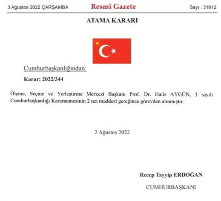 ÖSYM Başkanı Halis Aygün görevden alındı