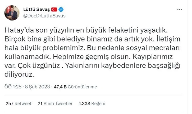 Hatay Belediye Başkanı Savaş: Belediye binamız da artık yok