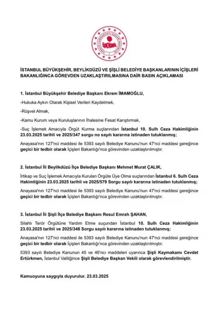 İmamoğlu görevden uzaklaştırıldı! Şişli Belediyesi'ne de kayyum atandı