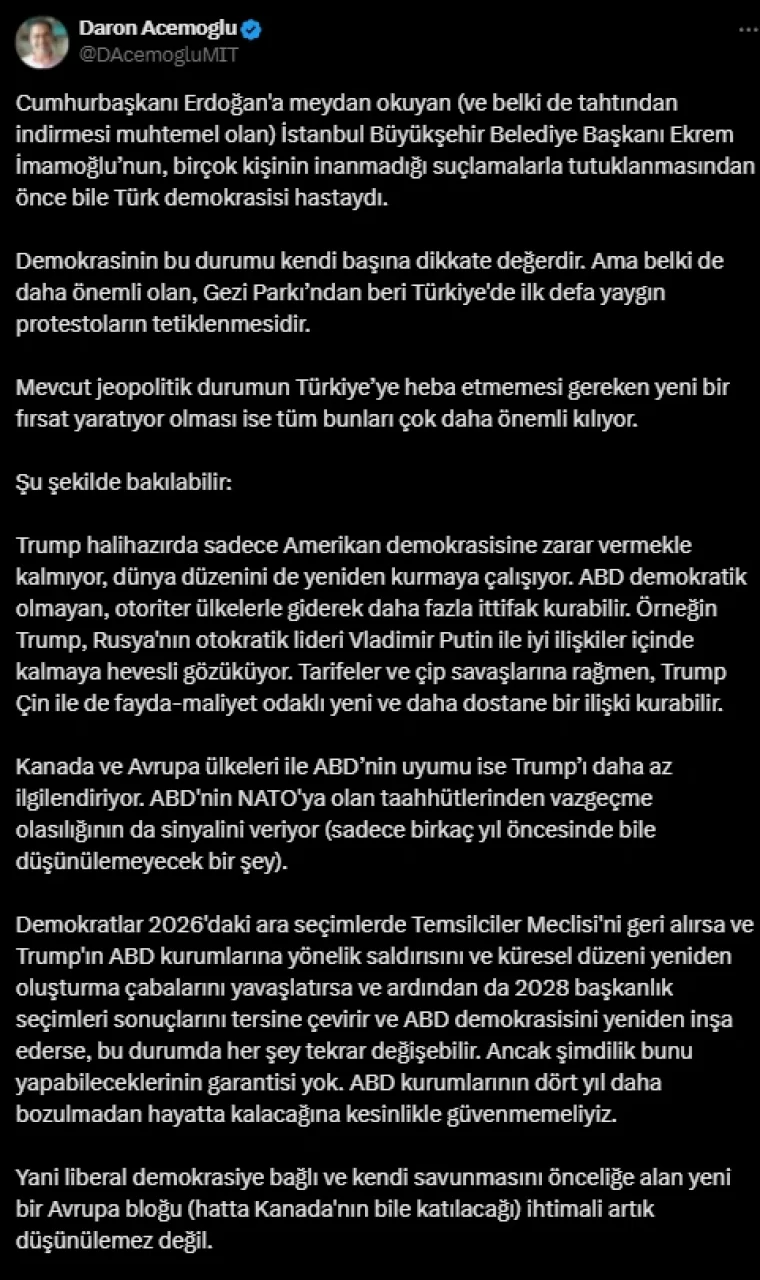 Acemoğlu'ndan 'Ekrem İmamoğlu' açıklaması: Gezi Parkı'ndan beri ilk defa