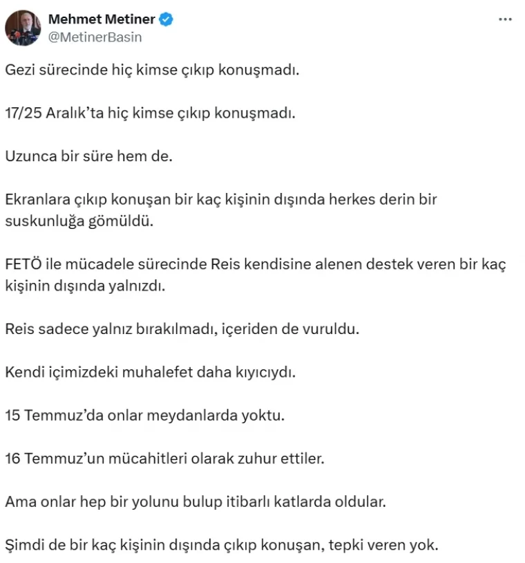 AKP'li Metiner: Reis içeriden vuruldu
