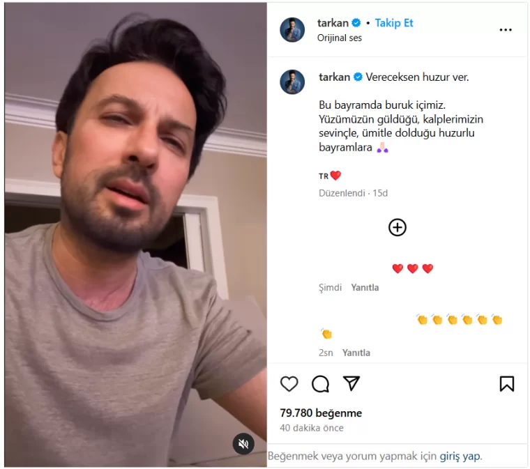 Tarkan'dan dikkat çeken paylaşım: Vereceksen huzur ver