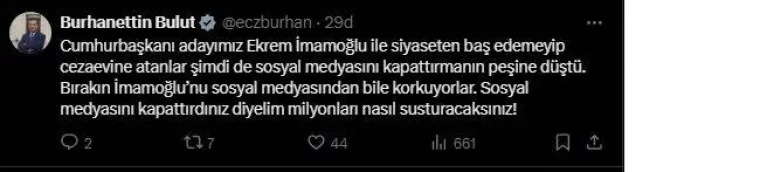 CHP’li Bulut: İmamoğlu'nun sosyal medya hesabından bile korkuyorlar