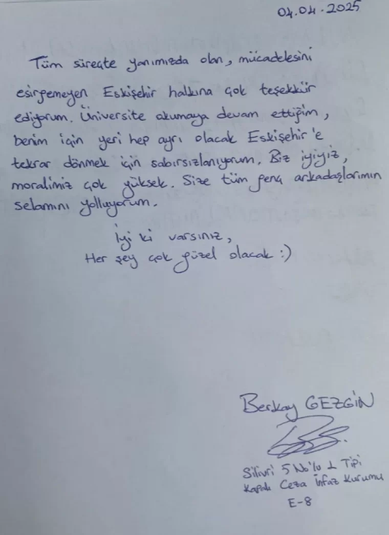 'Her şey çok güzel olacak' Berkay mektup gönderdi: Sabırsızlanıyorum