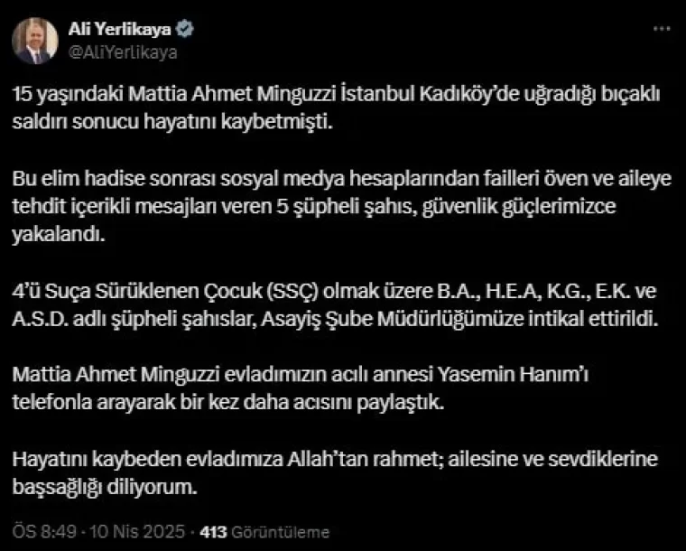 Ahmet Minguzzi'nin ailesini tehdit eden 5 kişi gözaltına alındı