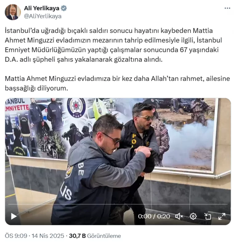 Mattia Ahmet Minguzzi'nin mezarına çirkin saldırıda yeni gelişme