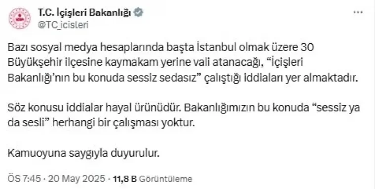İstanbul'da 30 ilçeye vali atanacak iddiasına Bakanlıktan açıklama