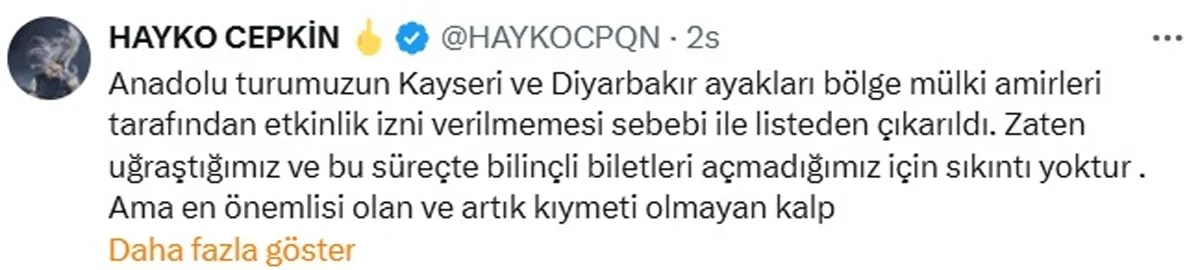 Hayko Cepkin'in Kayseri ve Diyarbakır konserlerini valilik iptal etti