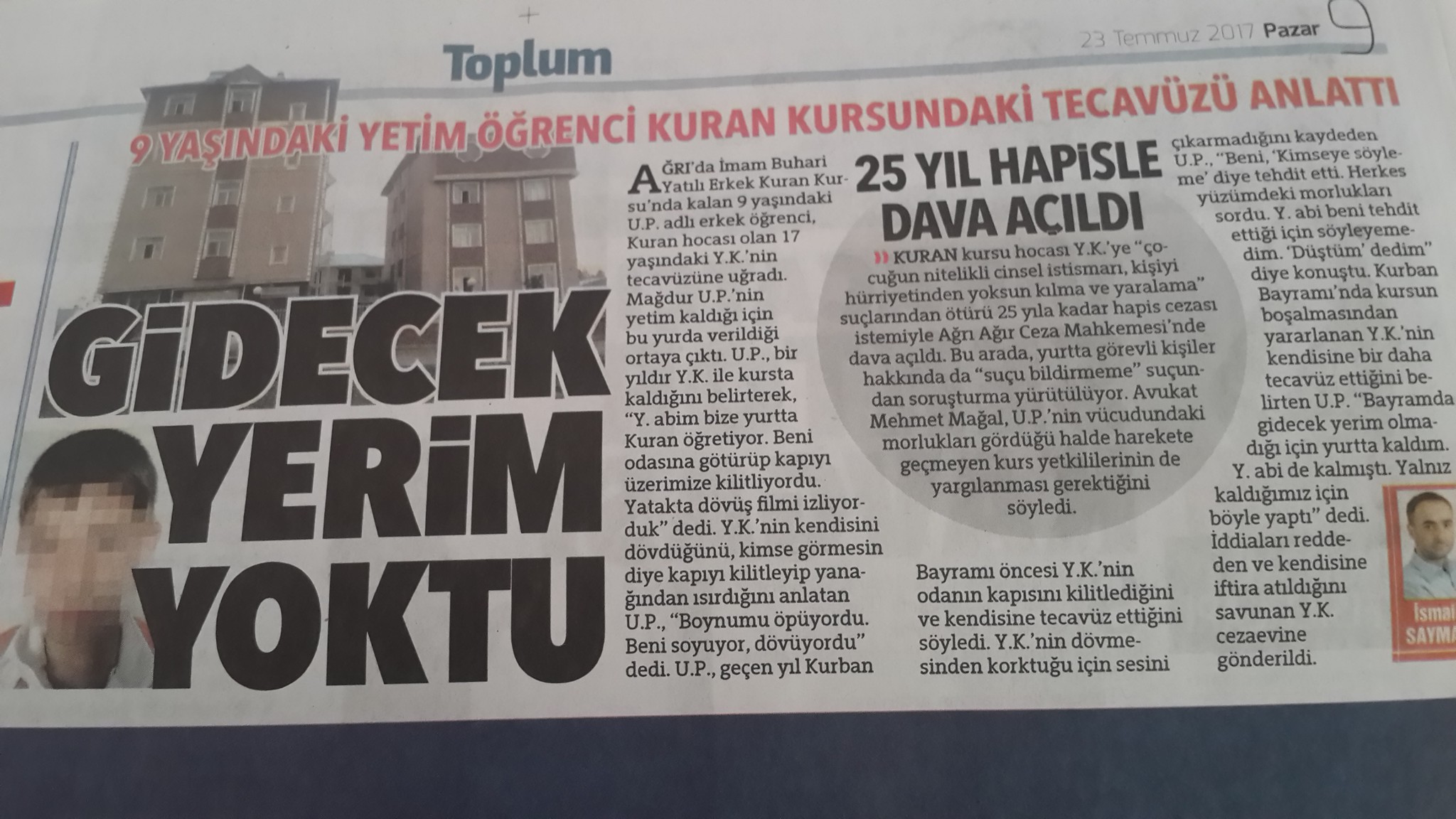 Ağrı, 9 yaşındaki çocuğa Kuran Kursu'nda Tecavüz ve işkence