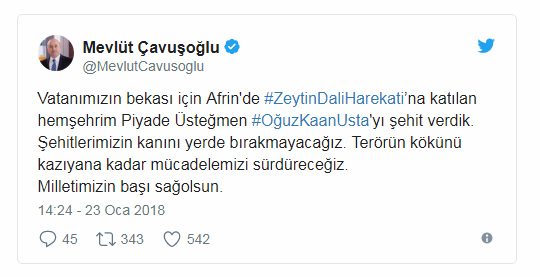 Mevlüt Çavuşoğlu Sosyal medya şehit haberi