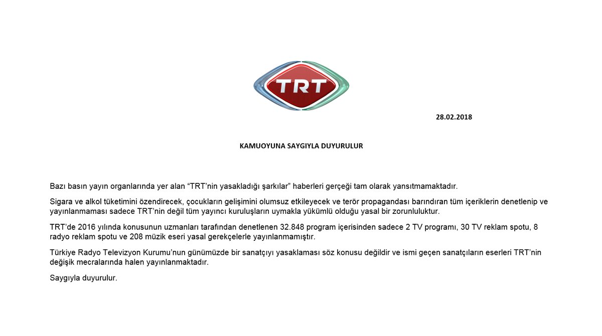 TRT Yasaklı Şarkıların listesi